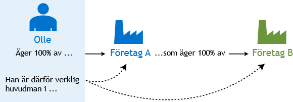 Olle äger 100 % av Företag A som äger 100 % av Företag B, Olle är därför verklig huvudman i både Företag A och Företag B.