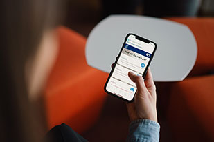 Person håller en mobiltelefon och söker företagsinformation på Bolagsverkets webbplats.